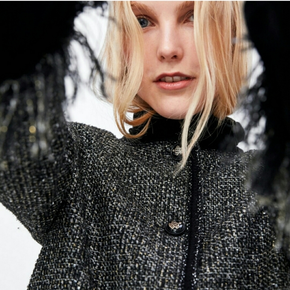 ZARA WOMEN BLACK TWEED JACKET WITH METALLIC THREAD SIZE XS - Picture 4 of 9